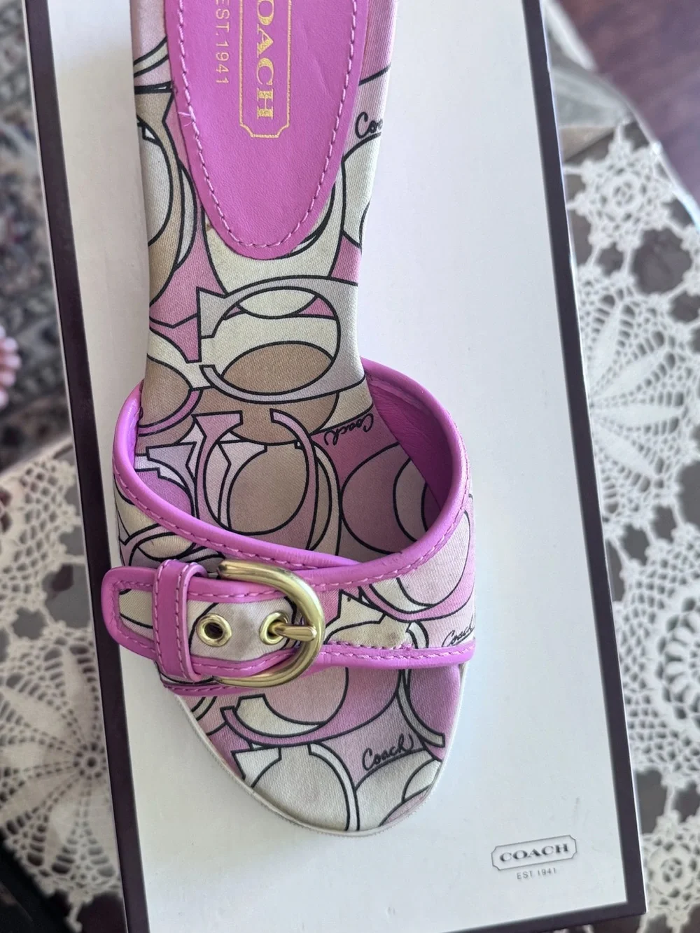 Coach Pink Signature Print Slide with Gold Buckle